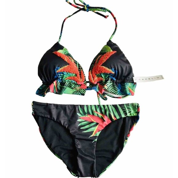 Caceline Two Piece Beaded Bathing Suit Tropical Bikini Peplum‎ Top Size Large - Picture 9 of 9